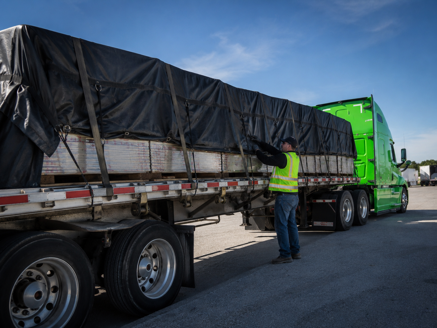 Driver adjusting securement tarp on loaded flatbed trailer