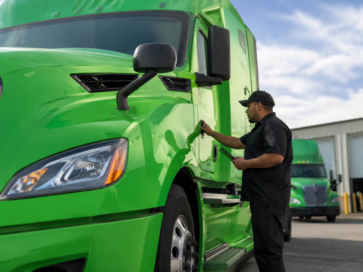 Driver performing pre-trip vehicle safety inspection with clipboard