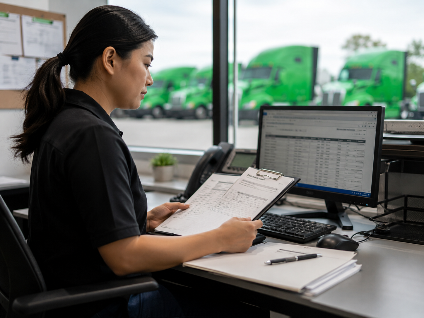 Compliance manager checking safety records and CDL credentials